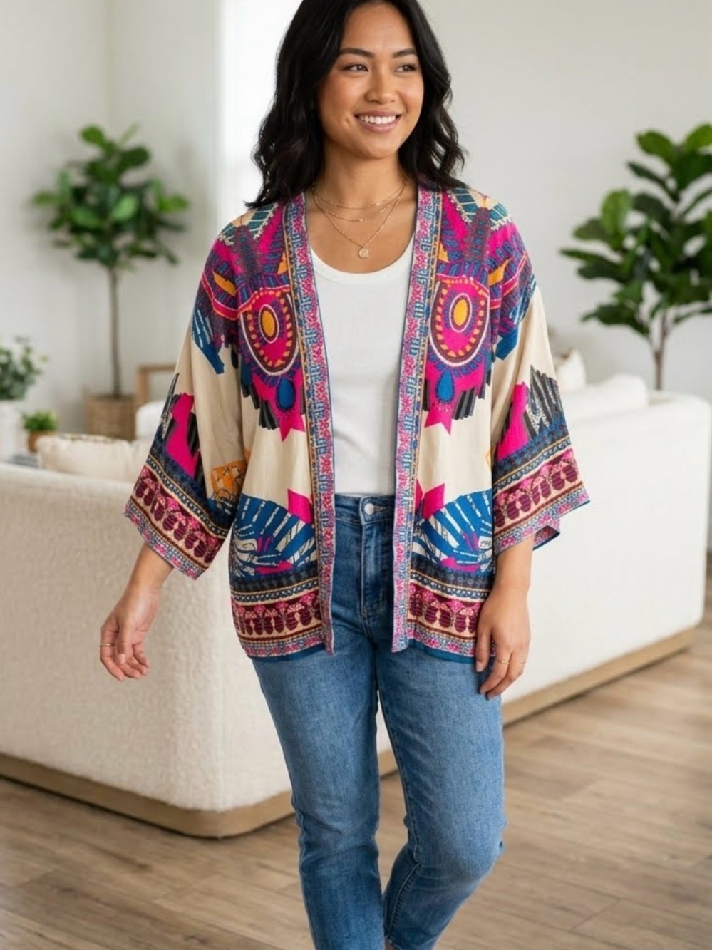Flying Tomato Boho Printed Cropped multi color Dolman Sleeve Kimono Top Medium